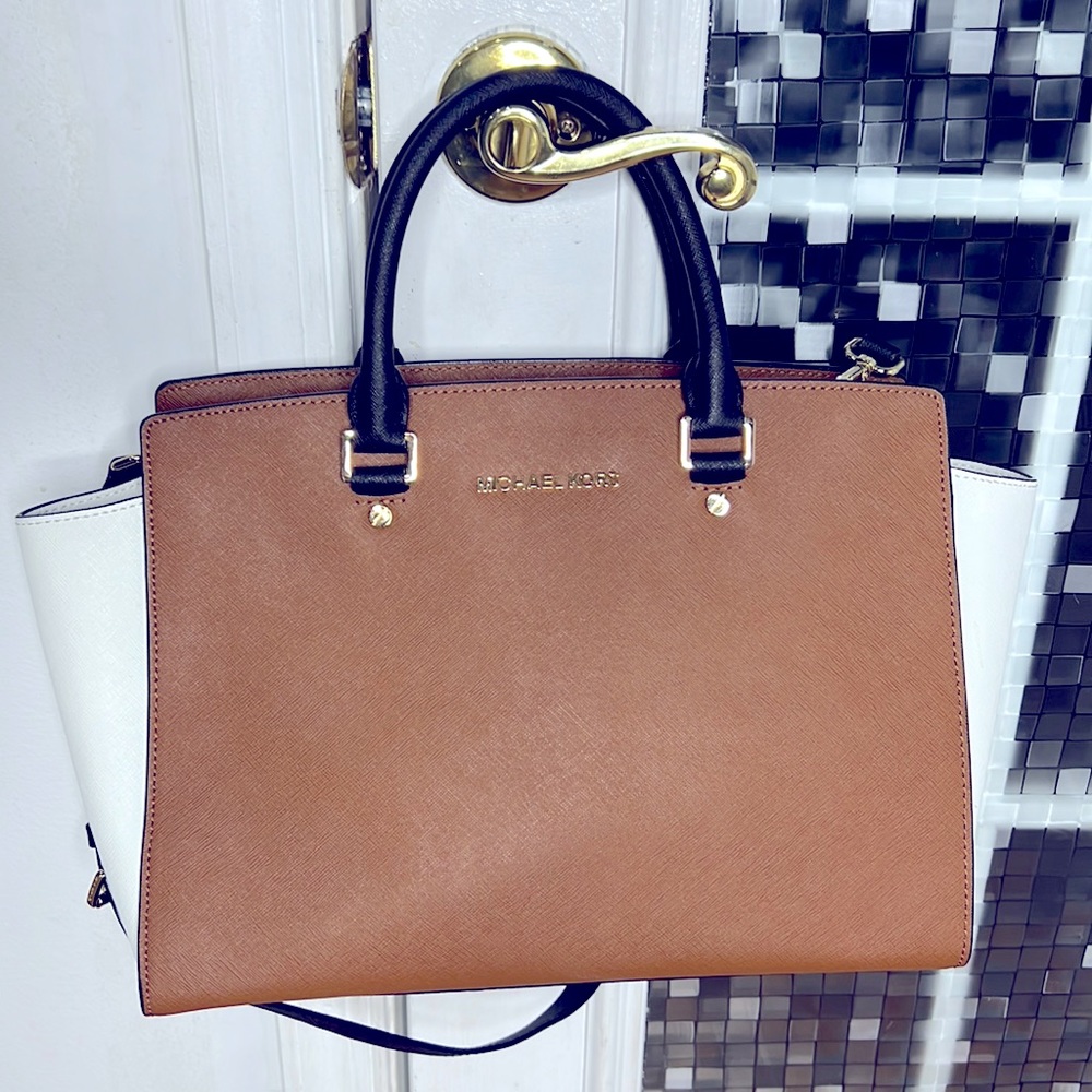 💕 Michael Kors brown black white leather large satchel bag gorgeous 💕